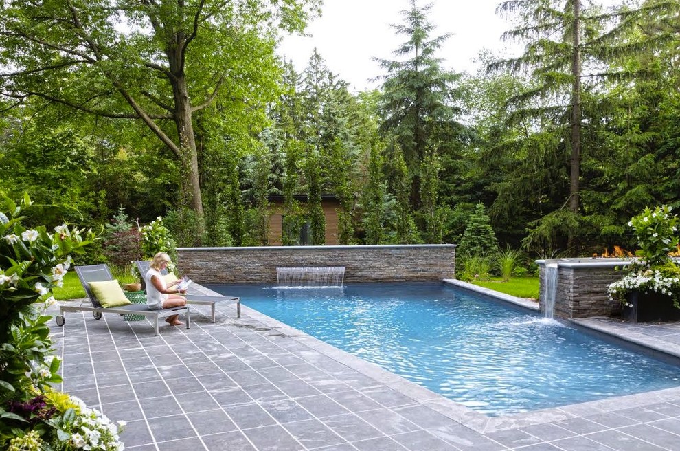 Imagen de piscina con fuente escandinava de tamaño medio rectangular en patio trasero