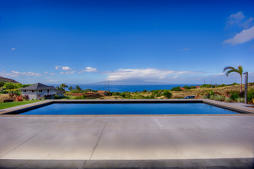 Esempio di una piscina minimal rettangolare di medie dimensioni e dietro casa con lastre di cemento