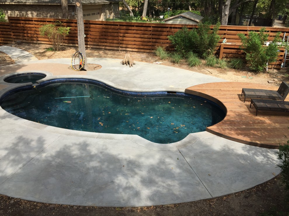 Modelo de piscina natural minimalista de tamaño medio tipo riñón en patio trasero con entablado