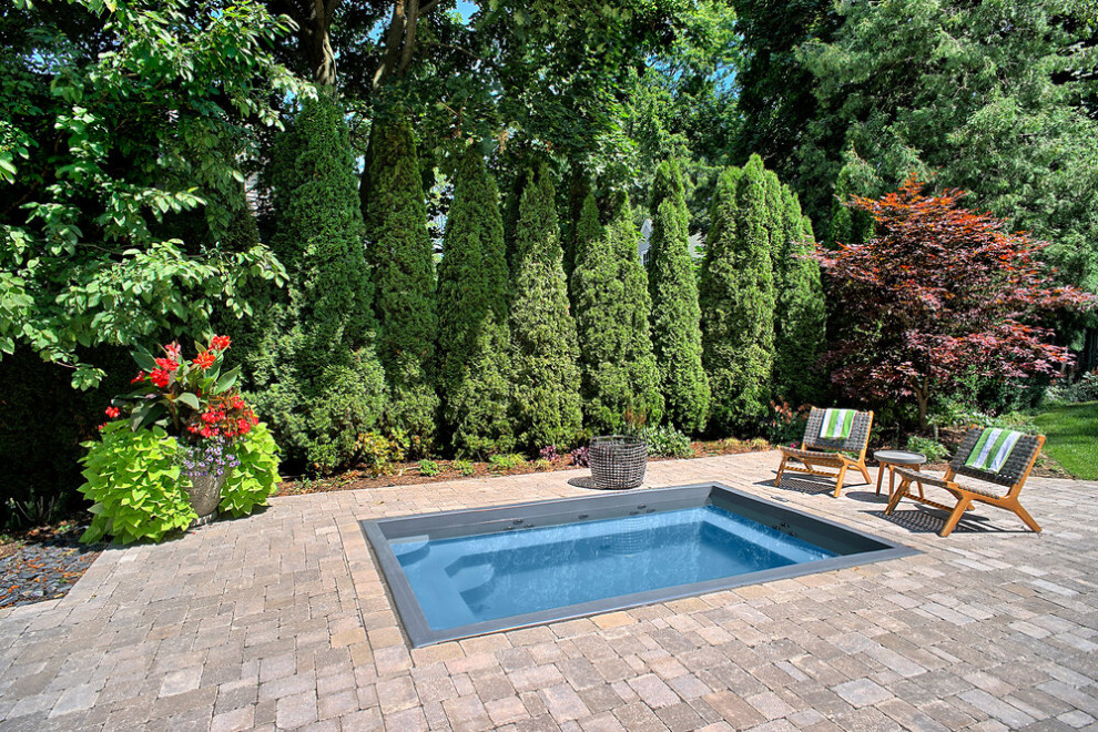Example of a large minimalist backyard brick and rectangular lap hot tub design in Grand Rapids
