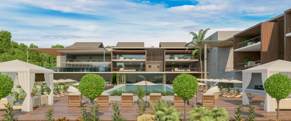 Diseño de piscinas y jacuzzis infinitos modernos grandes rectangulares en patio trasero con entablado