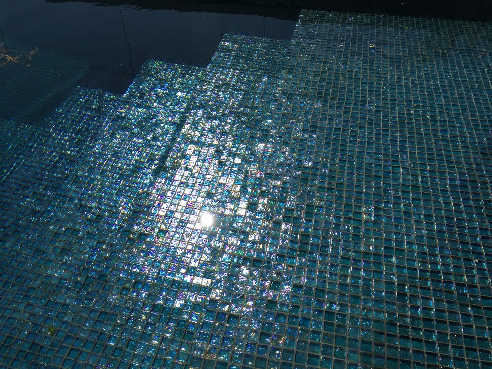 Imagen de piscina con fuente alargada minimalista grande en forma de L en patio trasero con losas de hormigón