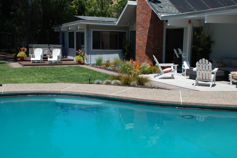 Ispirazione per una piscina naturale minimal a "C" di medie dimensioni e dietro casa con lastre di cemento