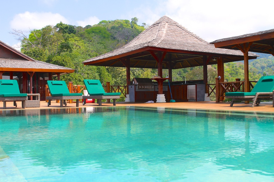 Idee per una grande piscina a sfioro infinito tropicale rettangolare con pedane