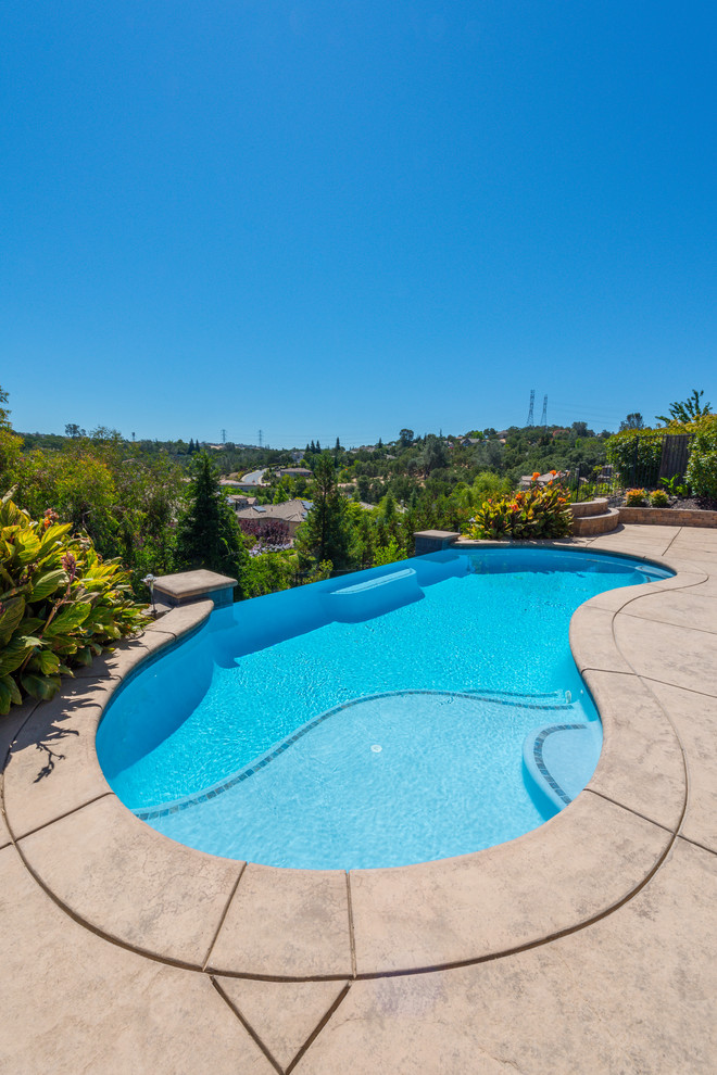 Imagen de piscina infinita tropical de tamaño medio tipo riñón en patio trasero con adoquines de hormigón