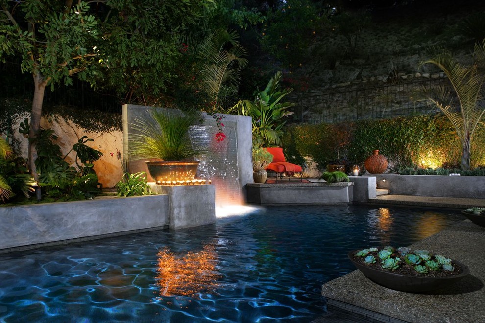 Inspiration for a world-inspired custom shaped swimming pool in Los Angeles with a water feature.