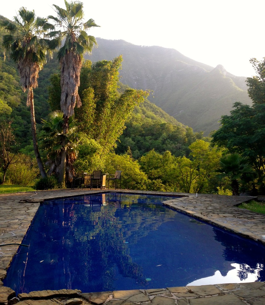 Foto de piscina alargada de estilo zen grande rectangular en patio trasero con adoquines de piedra natural