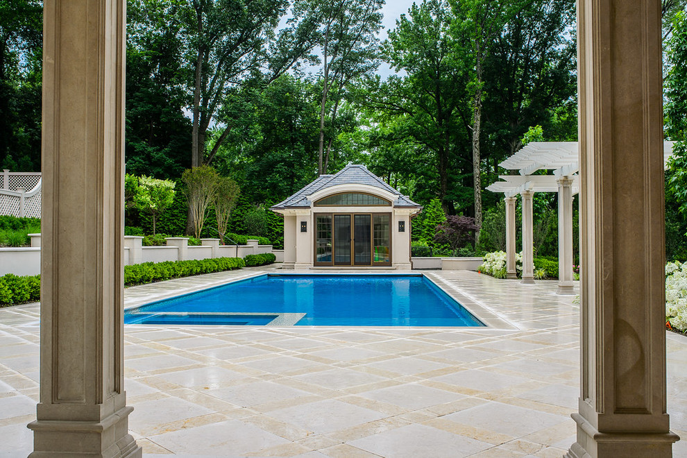 Идея дизайна: большой естественный, прямоугольный бассейн на заднем дворе в классическом стиле