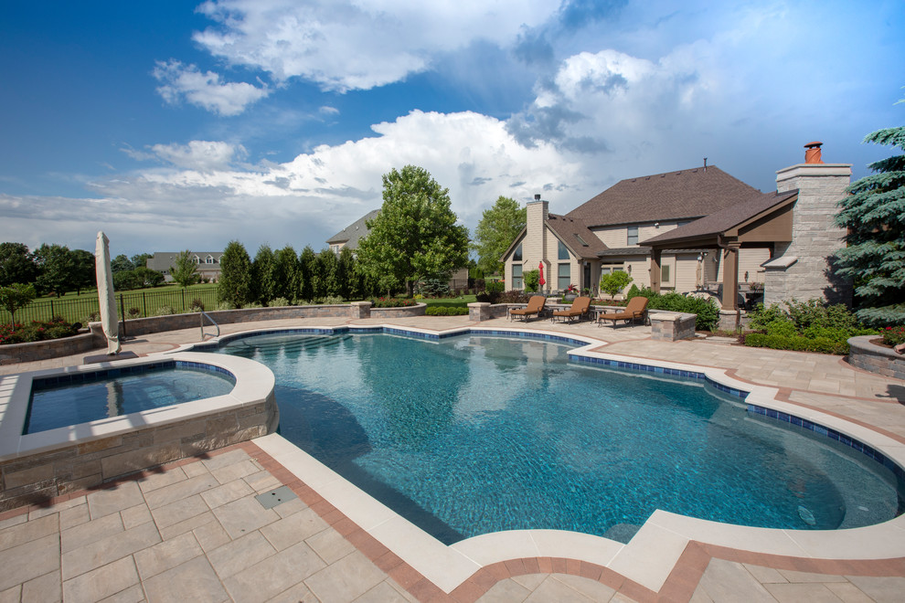 Elgin, IL Roman End Pool with Freeform Hot Tub Mediterranean Pool