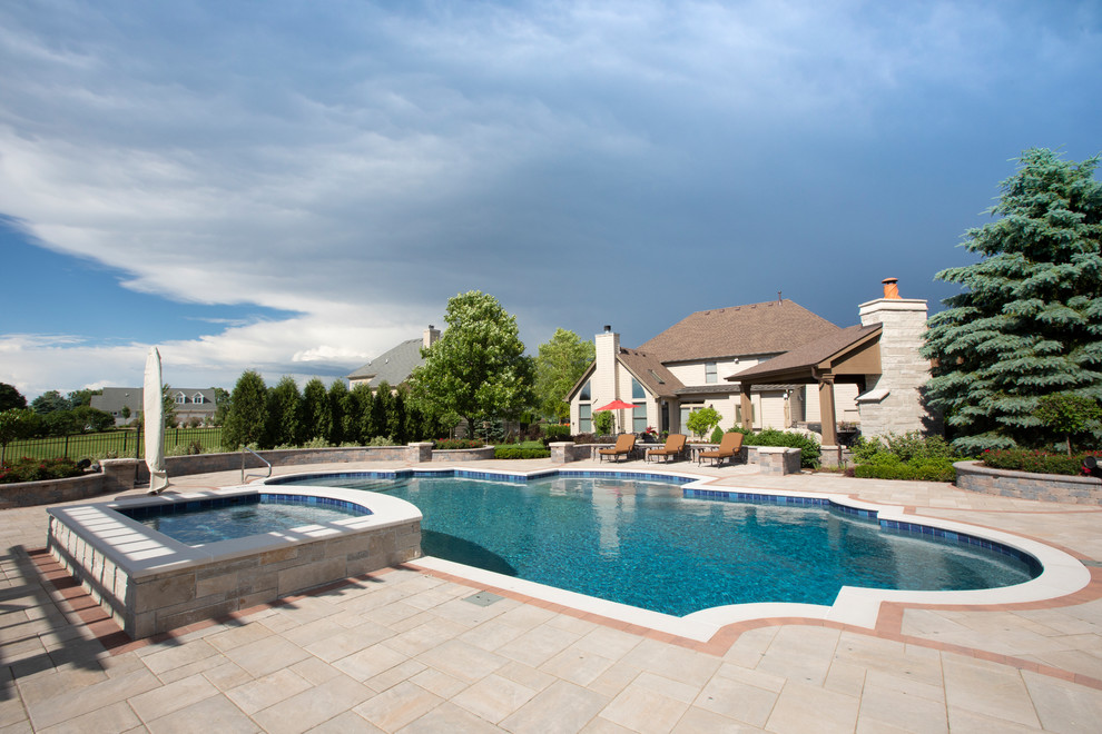 Elgin, IL Roman End Pool with Freeform Hot Tub Mediterranean