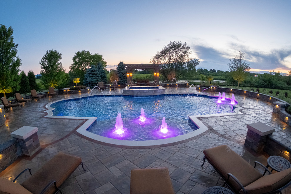 Elgin, IL Roman End Pool with Freeform Hot Tub Mediterranean