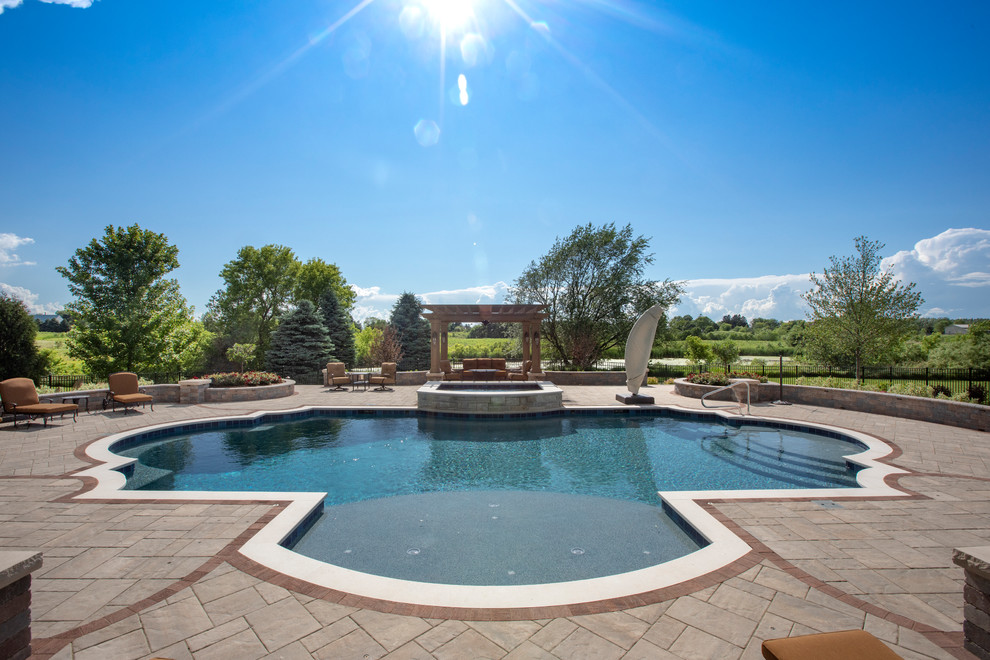 Elgin, IL Roman End Pool with Freeform Hot Tub Mediterranean