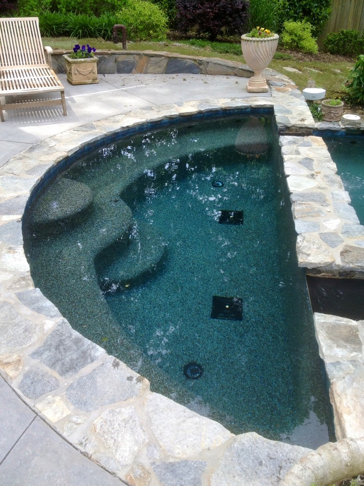 Idee per una piscina naturale classica personalizzata di medie dimensioni e dietro casa con lastre di cemento
