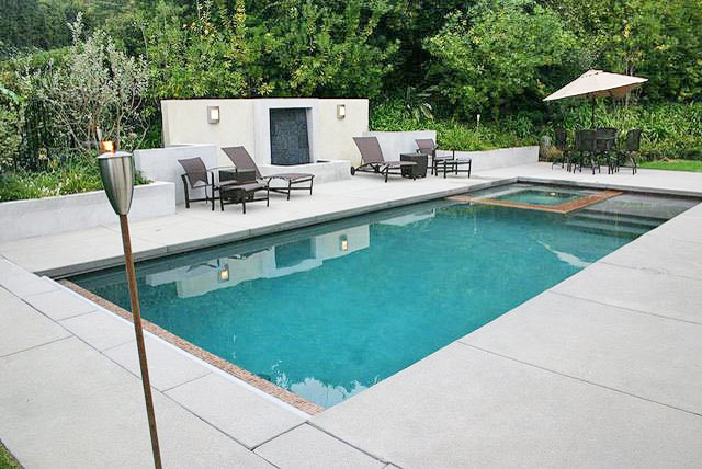 Свежая идея для дизайна: естественный, прямоугольный бассейн на заднем дворе в современном стиле - отличное фото интерьера