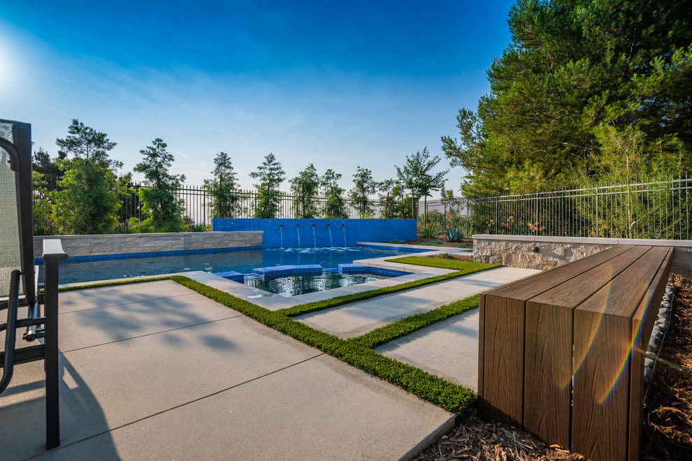 Ispirazione per una grande piscina monocorsia contemporanea rettangolare dietro casa con fontane e pavimentazioni in pietra naturale