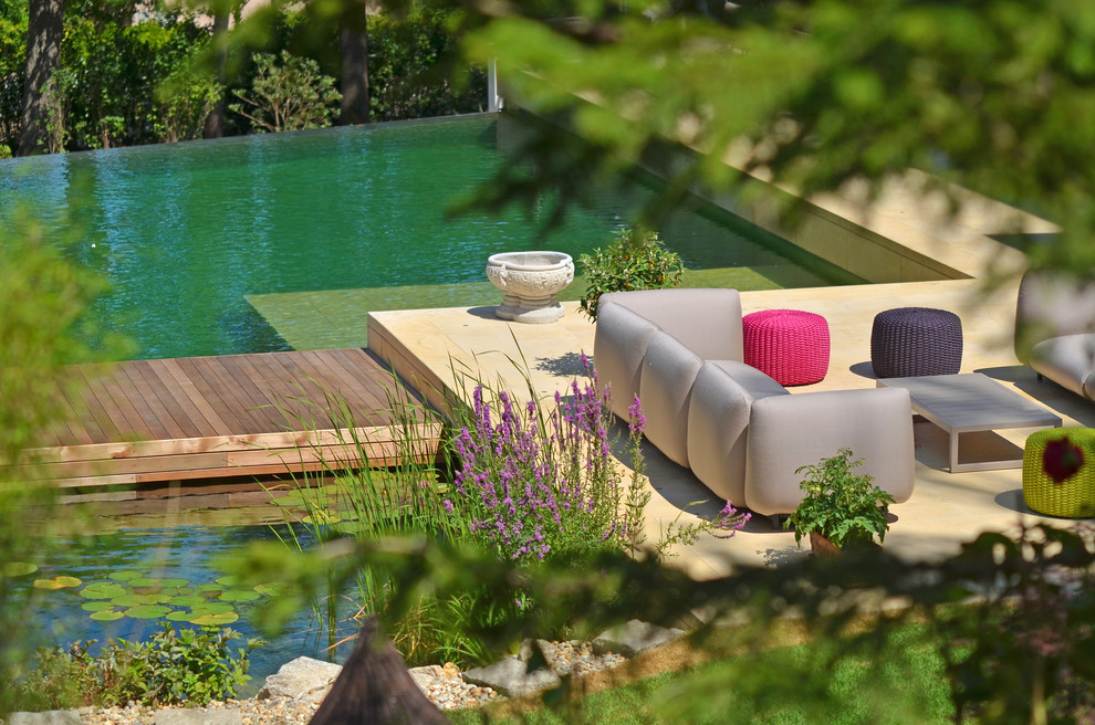 Immagine di una grande piscina naturale classica personalizzata nel cortile laterale con una dépendance a bordo piscina e pedane