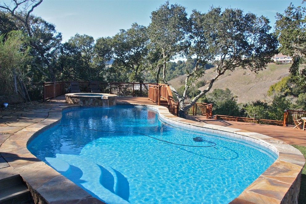 Diseño de piscinas y jacuzzis naturales tradicionales renovados grandes a medida en patio trasero con adoquines de piedra natural