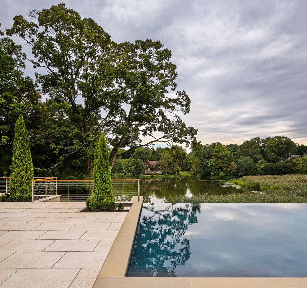 Ispirazione per un'ampia piscina a sfioro infinito classica rettangolare dietro casa con una dépendance a bordo piscina e pavimentazioni in cemento