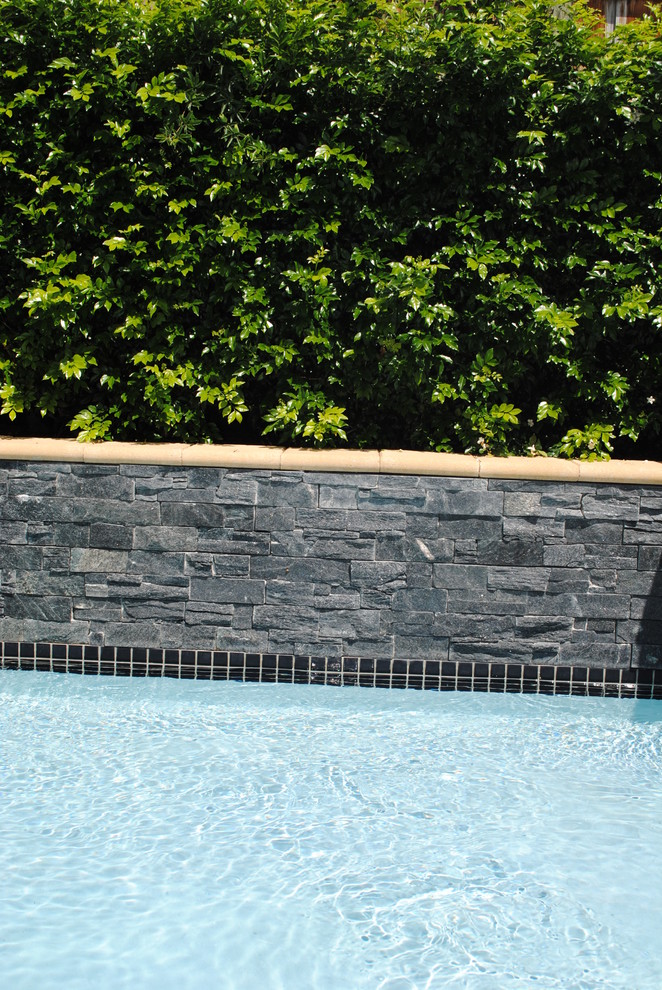 Foto de piscina con fuente alargada actual pequeña rectangular en patio trasero con suelo de baldosas