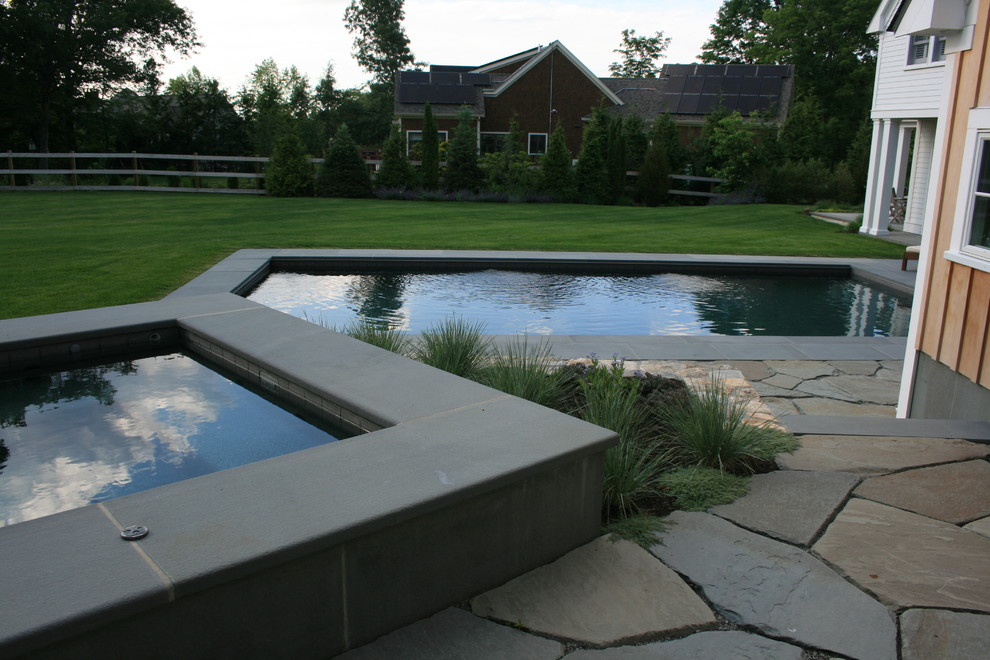 Modelo de piscina de estilo de casa de campo de tamaño medio rectangular en patio con adoquines de piedra natural