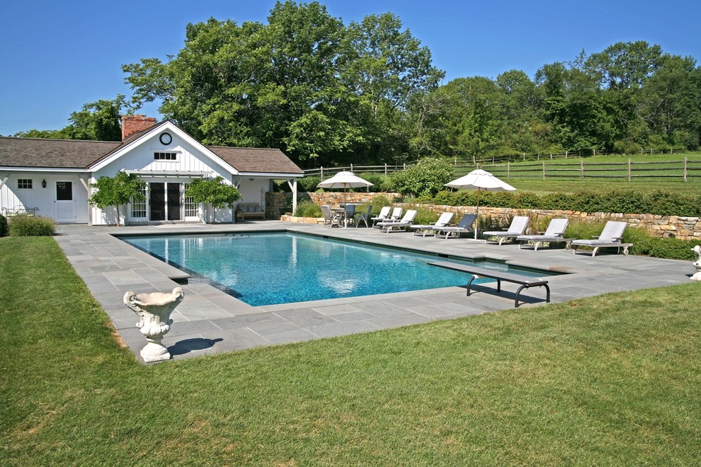 Immagine di una piscina country rettangolare con una dépendance a bordo piscina