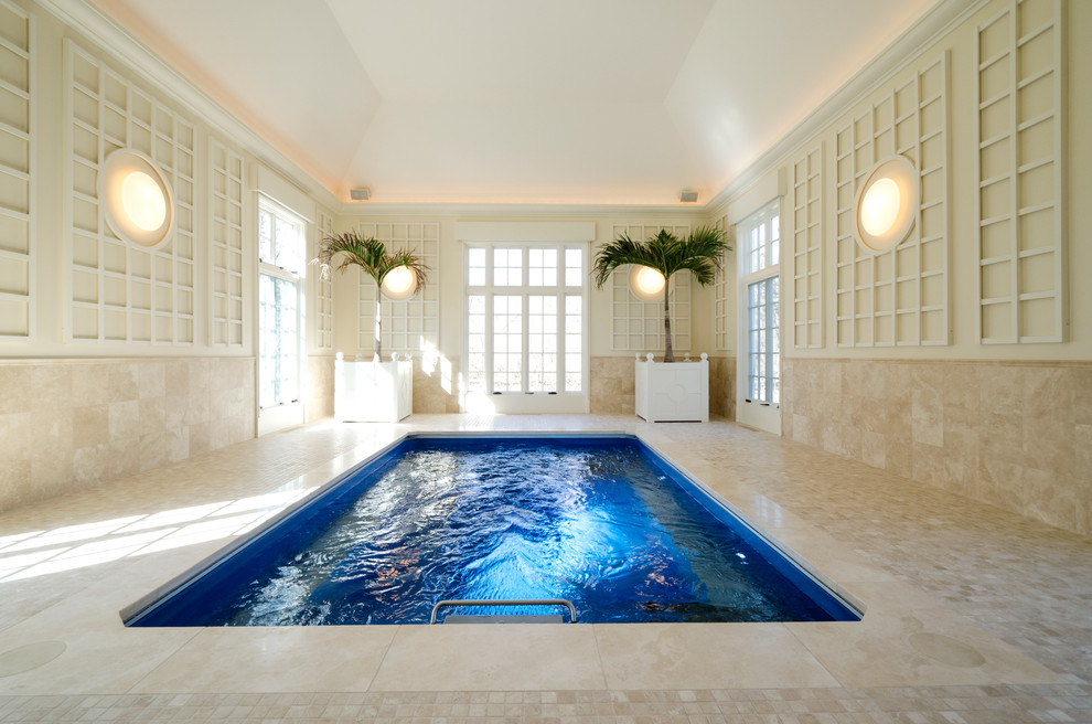 Mid-sized elegant indoor pool photo in New York