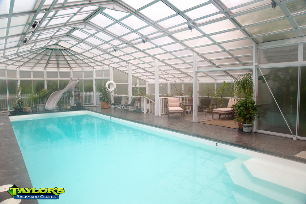 Fiberglass Pool with Retractable Enclosure Traditional Pool