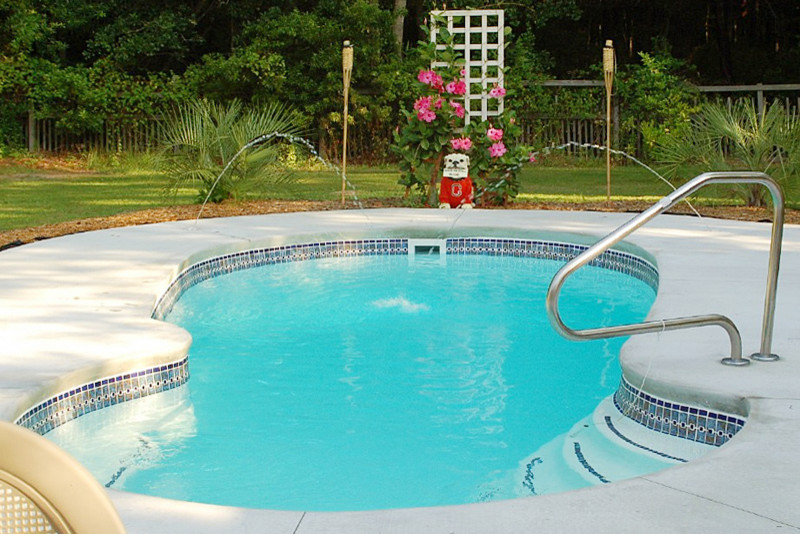 На фото: естественный бассейн среднего размера, произвольной формы на заднем дворе в классическом стиле с фонтаном и покрытием из бетонных плит