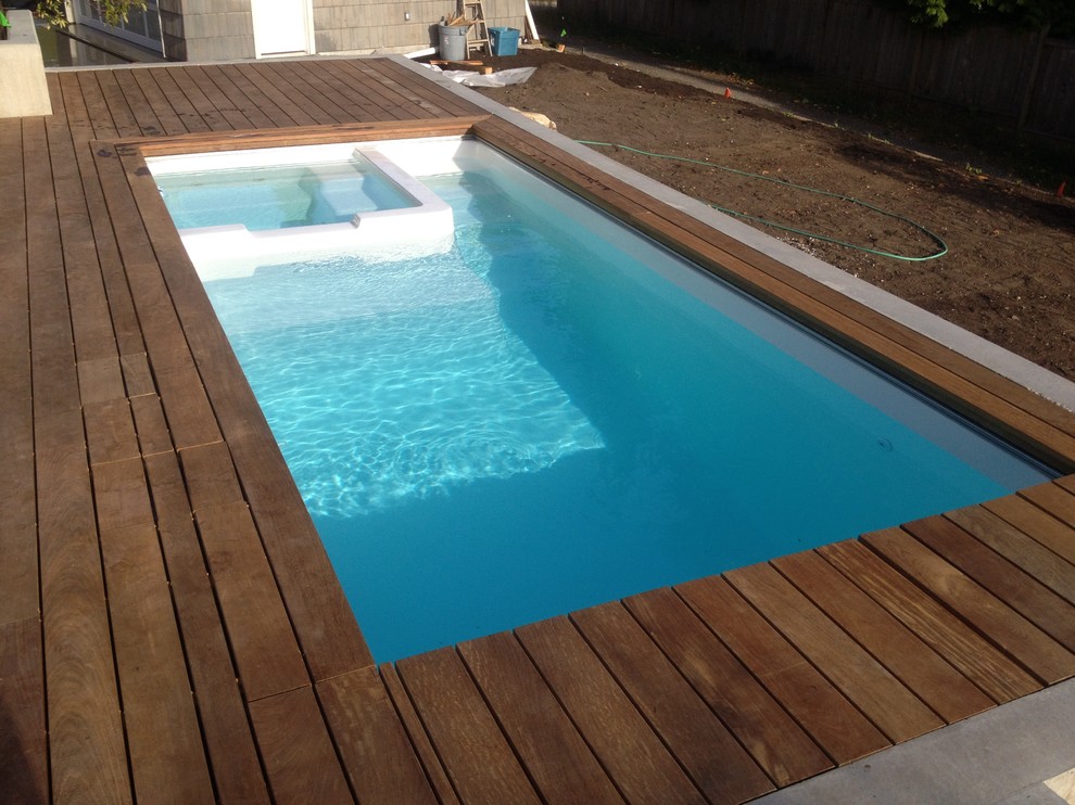 Ispirazione per una piccola piscina naturale contemporanea rettangolare dietro casa con una vasca idromassaggio e pedane