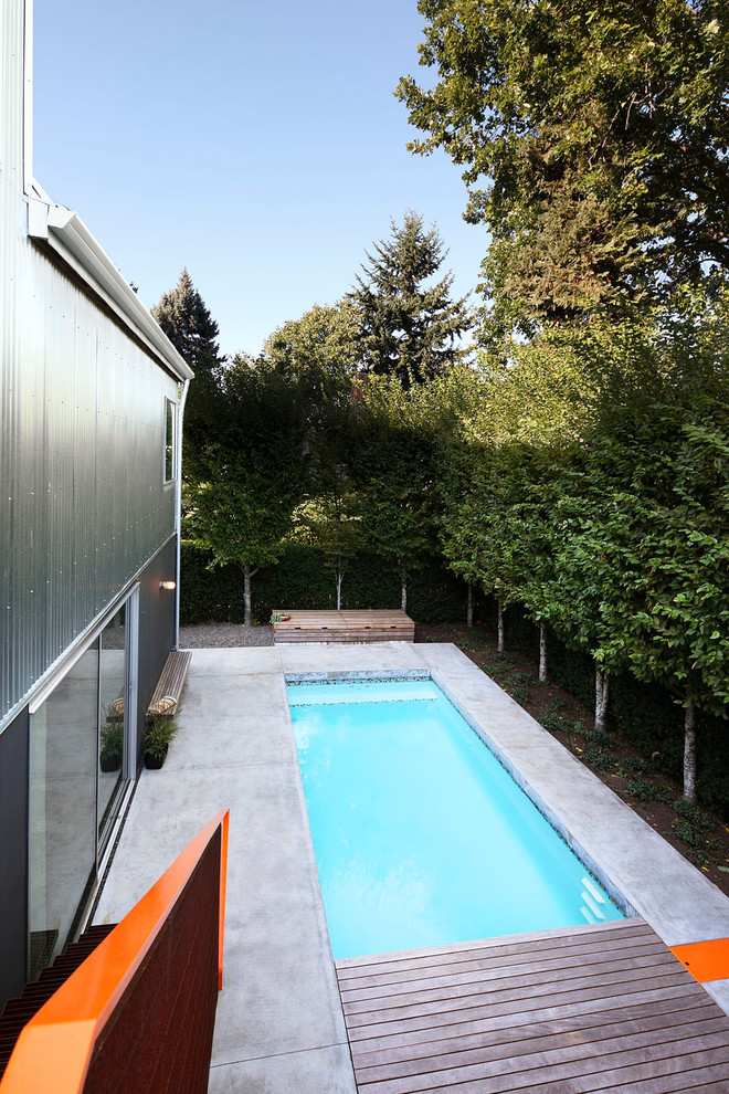 Foto de piscina alargada contemporánea de tamaño medio rectangular en patio trasero con losas de hormigón