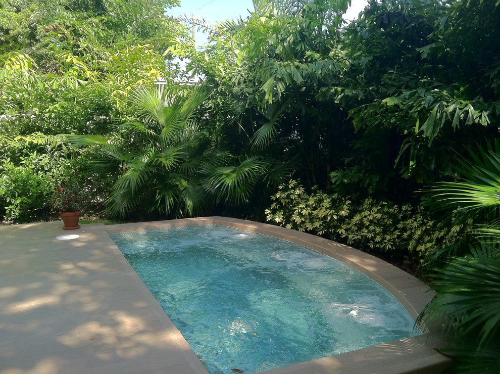 Medium sized modern back custom shaped natural swimming pool in Miami with concrete slabs.