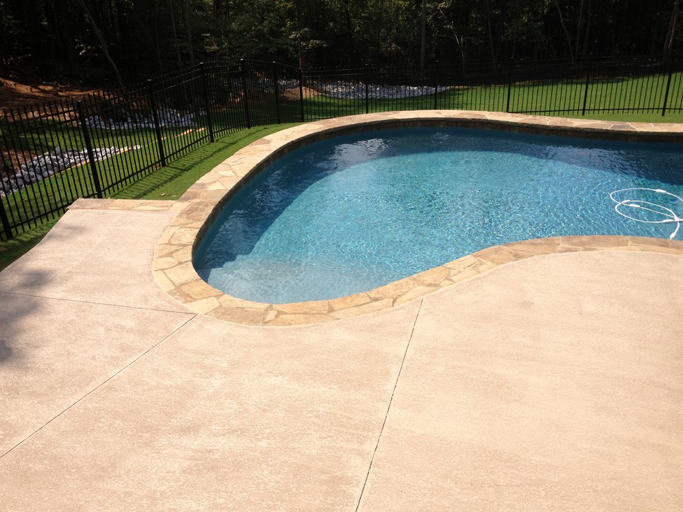 На фото: естественный бассейн среднего размера, произвольной формы на заднем дворе в классическом стиле с покрытием из каменной брусчатки с
