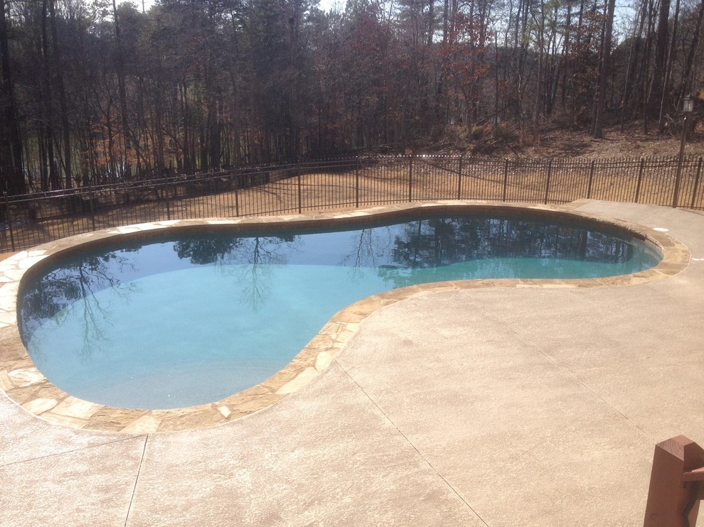 Idee per una piscina naturale classica personalizzata di medie dimensioni e dietro casa con pavimentazioni in pietra naturale