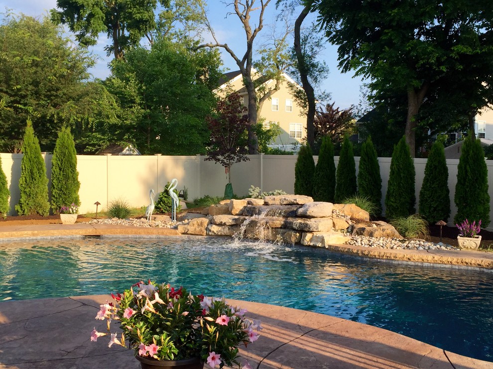 Forks Township custom pool with sunshelf & rock waterfall Traditional