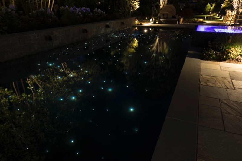Cette photo montre une grande piscine naturelle et arrière tendance rectangle avec un bain bouillonnant et des pavés en pierre naturelle.