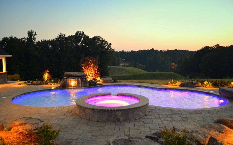 Photo of a large classic back custom shaped natural swimming pool in DC Metro with concrete paving.