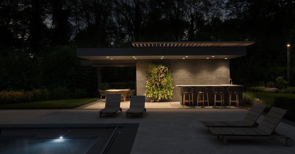 Идея дизайна: бассейн среднего размера, произвольной формы на заднем дворе в стиле модернизм с домиком у бассейна и покрытием из каменной брусчатки