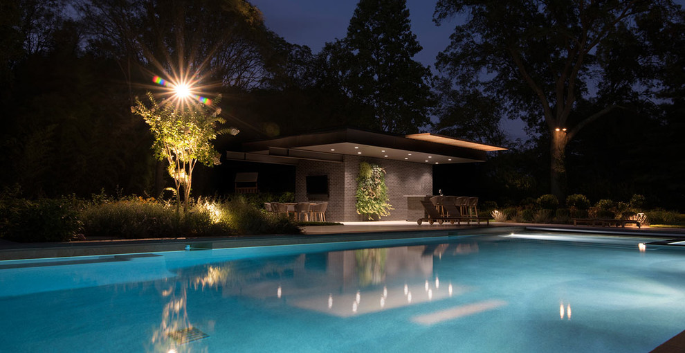 Idee per una piscina moderna personalizzata di medie dimensioni e dietro casa con una dépendance a bordo piscina e pavimentazioni in pietra naturale