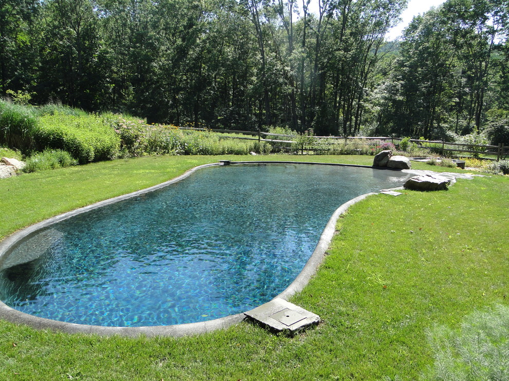Réalisation d'une grande piscine naturelle et arrière tradition sur mesure avec des pavés en pierre naturelle.