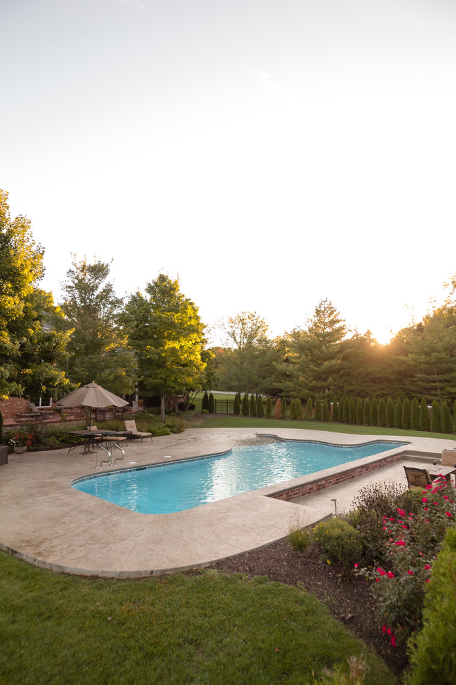 Immagine di una piscina monocorsia contemporanea personalizzata di medie dimensioni e dietro casa con fontane e cemento stampato