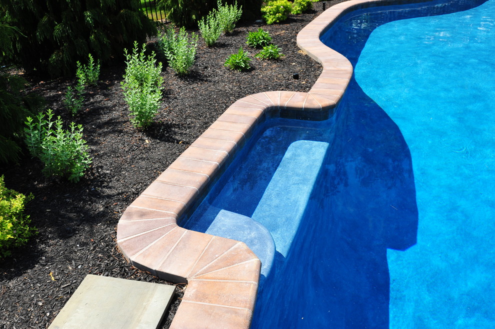 Esempio di una piscina tradizionale personalizzata di medie dimensioni e dietro casa con fontane e pavimentazioni in cemento