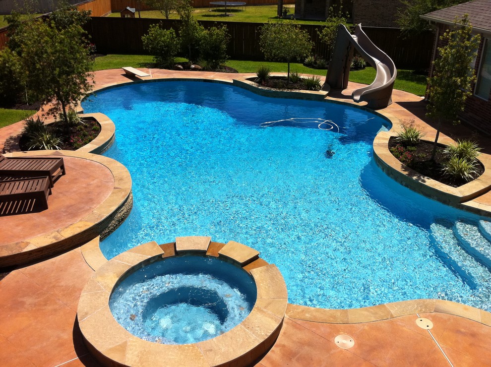 Freeform Pool with Diving Board & Slide Traditional Pool Houston