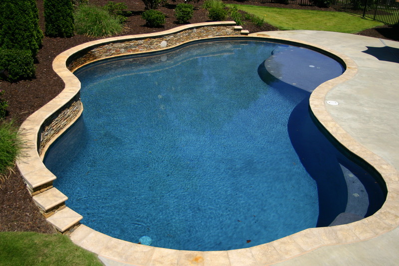 This is an example of a medium sized contemporary back custom shaped swimming pool in Charlotte with a water feature and concrete paving.