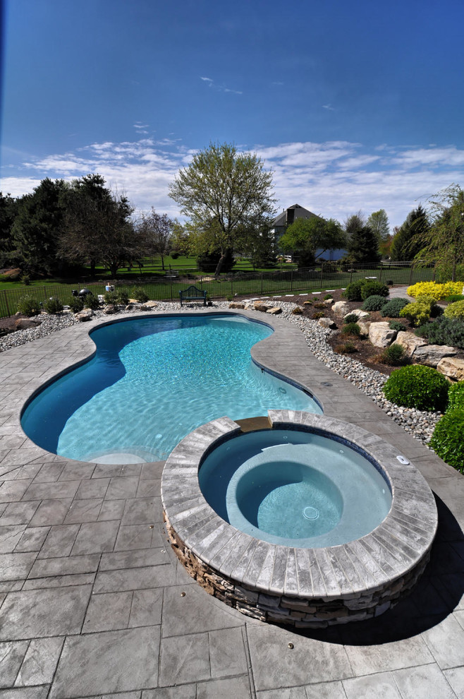 Идея дизайна: большой бассейн произвольной формы на заднем дворе в классическом стиле с джакузи и покрытием из декоративного бетона