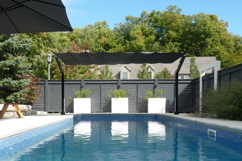 Imagen de piscina alargada minimalista grande rectangular en patio lateral con suelo de baldosas