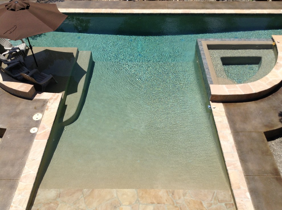 Modelo de piscinas y jacuzzis alargados modernos grandes a medida en patio trasero con entablado