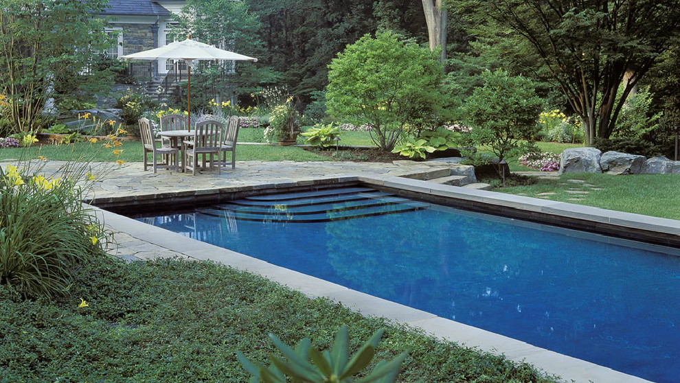 Foto di una piscina dietro casa con fontane