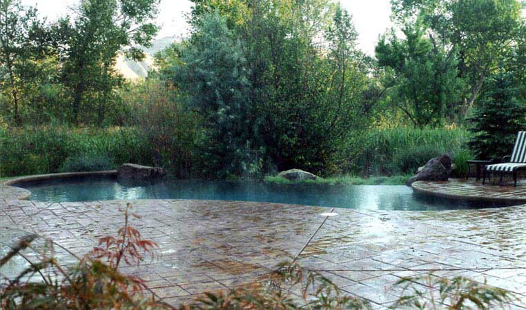 Aménagement d'une piscine arrière classique sur mesure avec un point d'eau.