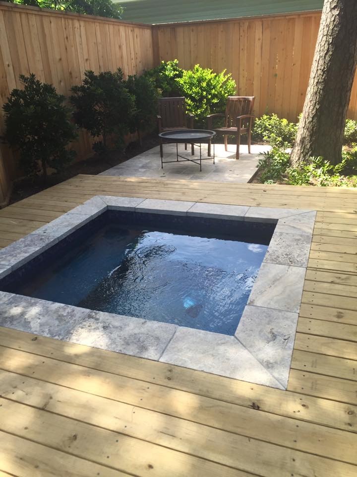 Idee per una piscina naturale stile americano rettangolare di medie dimensioni e dietro casa con una vasca idromassaggio e pedane