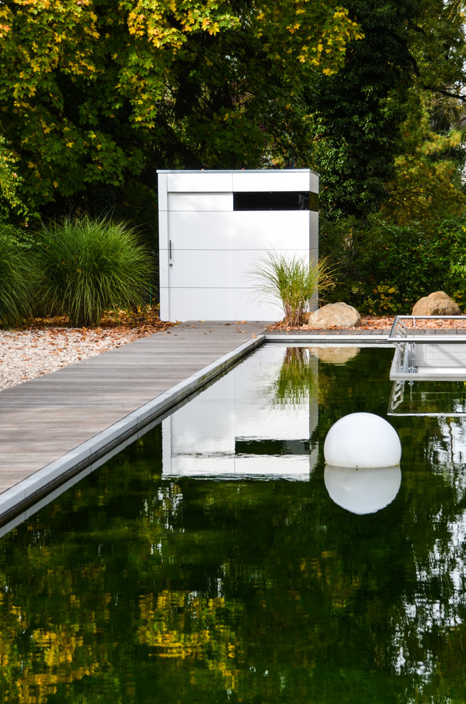 Свежая идея для дизайна: большой прямоугольный, спортивный бассейн на заднем дворе в современном стиле с настилом и домиком у бассейна - отличное фото интерьера